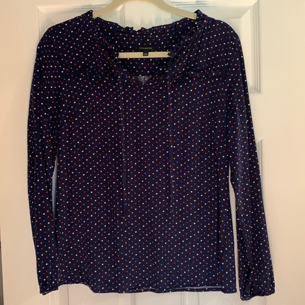 Talbots polka dot ruffled tie neck blouse. Navy. Size XS